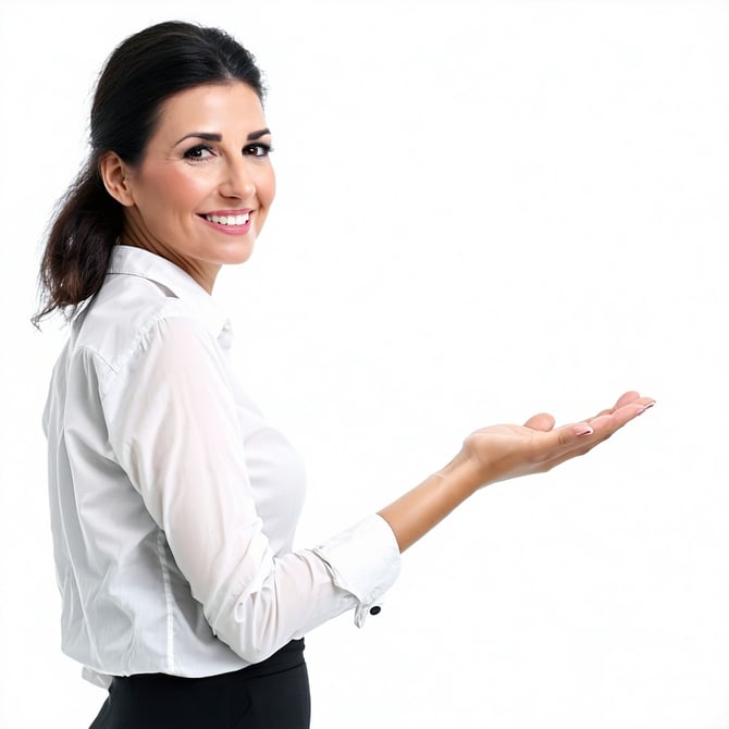 a professional woman welcoming you to an event standing left side with hands welcoming to the right side white background only-3